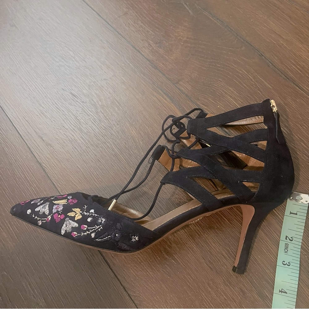 Aquazzura Firenze Suede Floral Pumps 9.5 Navy Purple - Picture 2 of 6